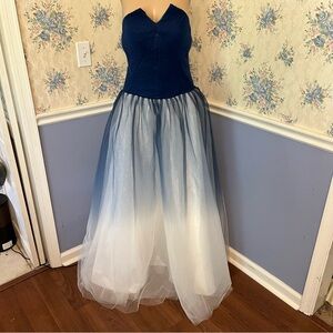 Navy Blue Ombre Tulle Strapless Long Prom Formal Evening Gown Dress Size 3XL